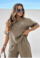Lniany Souprava Halenka i Kalhoty Empty Beach Mokka