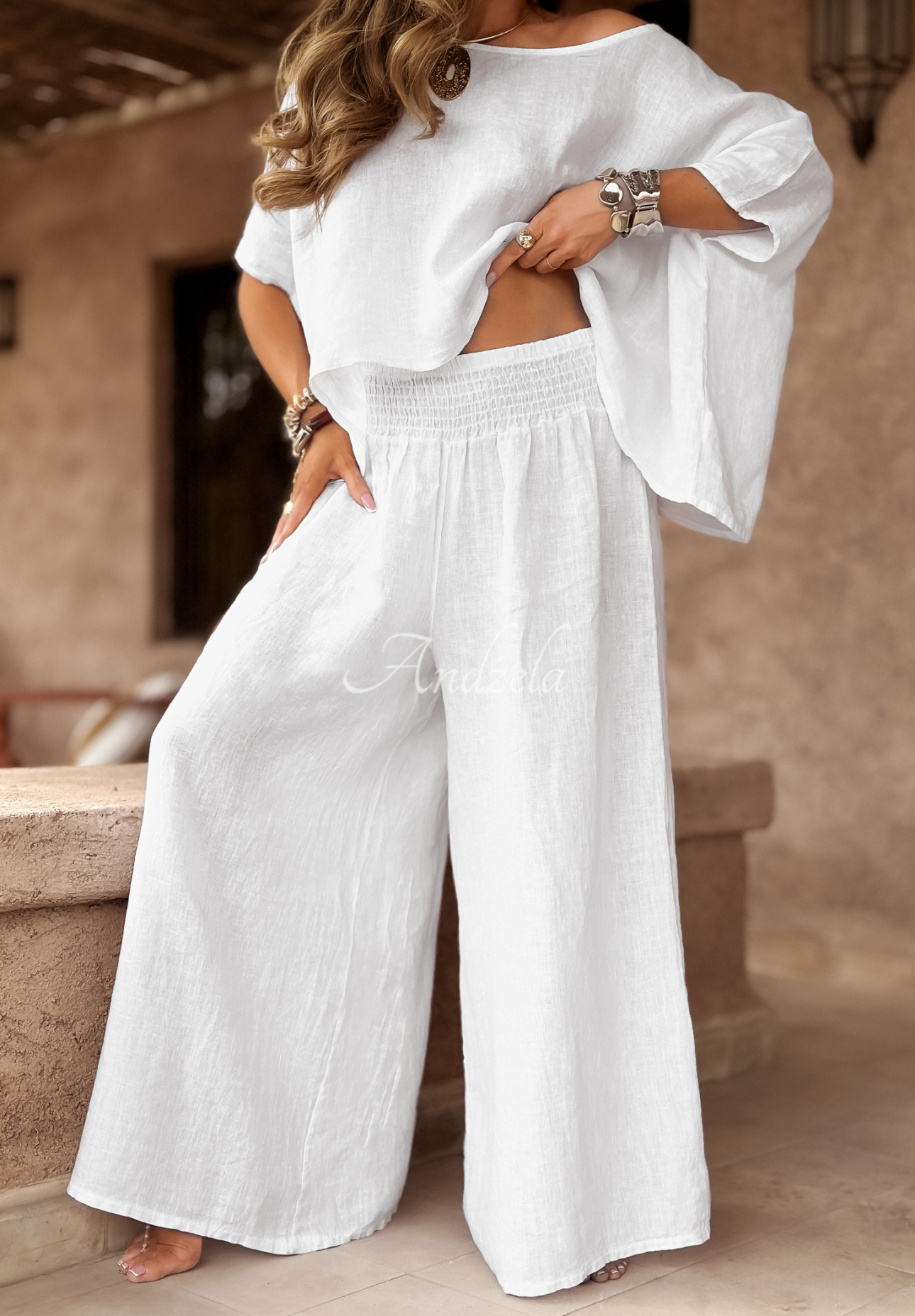 Lněná souprava halenka a kalhoty wide leg Desert Princess Bílá