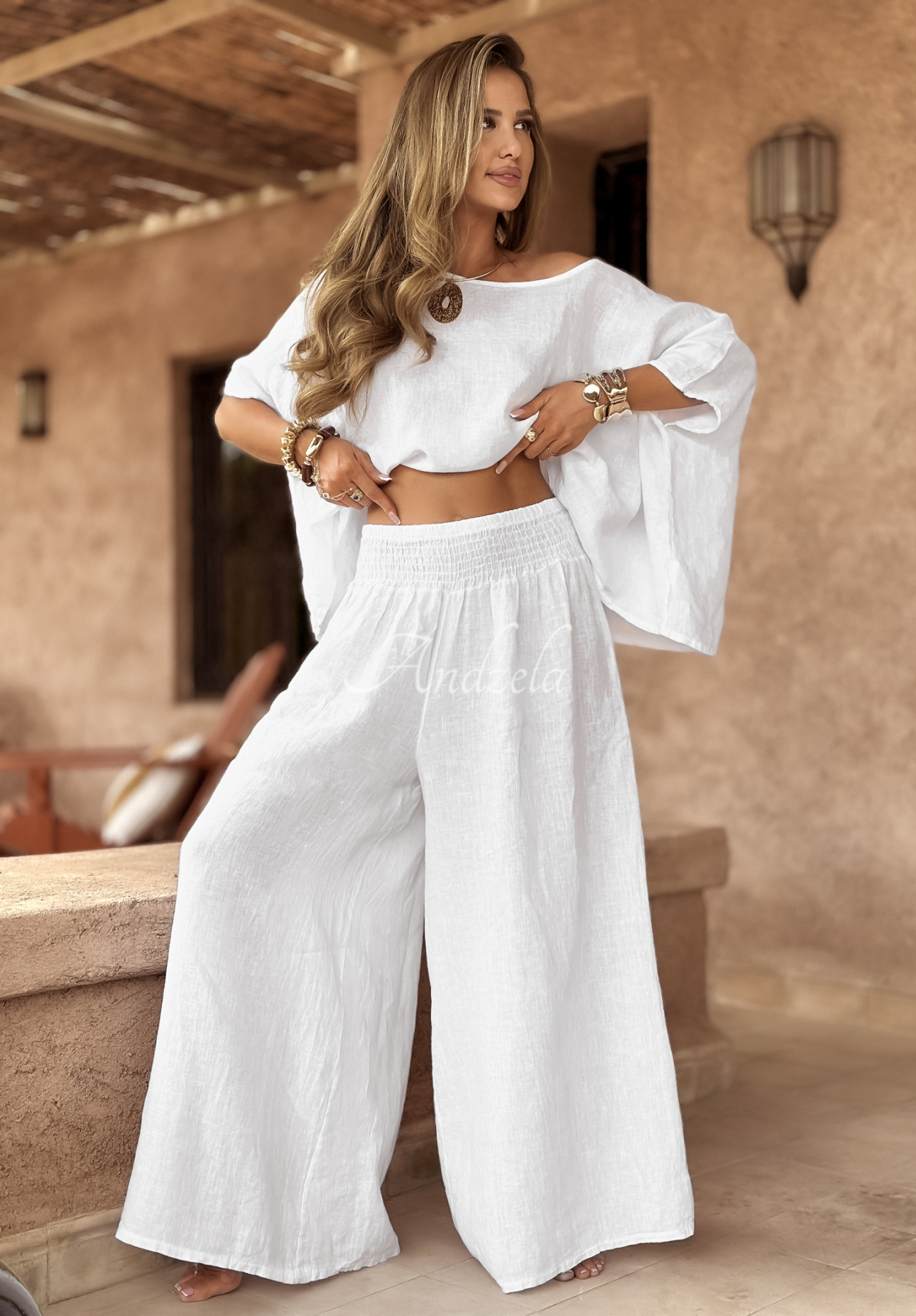 Lněná souprava halenka a kalhoty wide leg Desert Princess Bílá