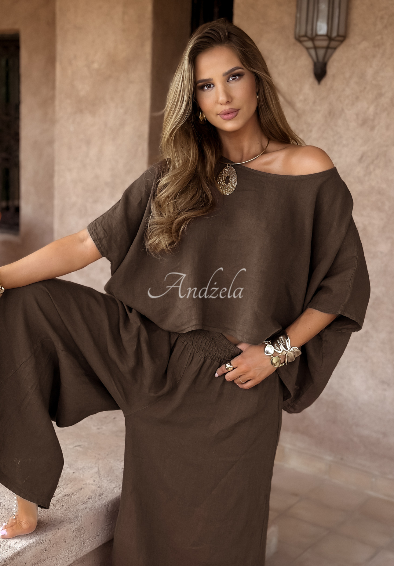 Lněná souprava halenka a kalhoty wide leg Desert Princess čokoládový