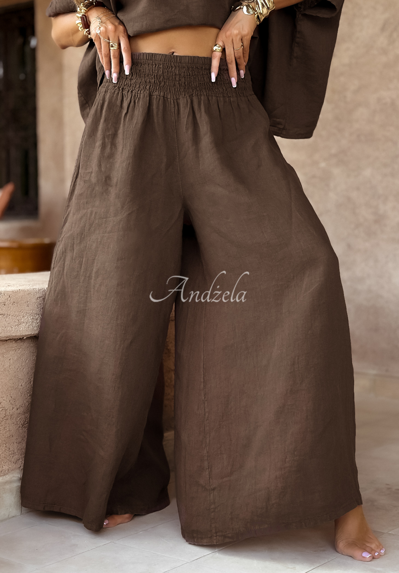 Lněná souprava halenka a kalhoty wide leg Desert Princess čokoládový