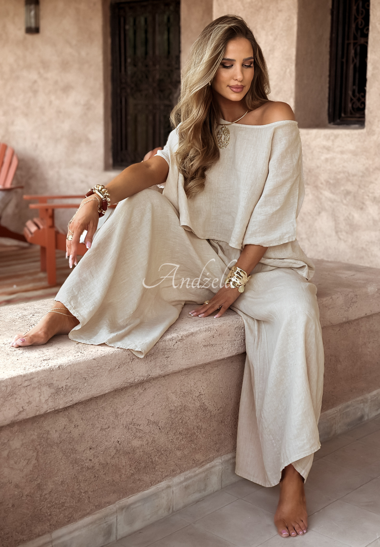 Lněná souprava halenka a kalhoty wide leg Desert Princess světle béžový