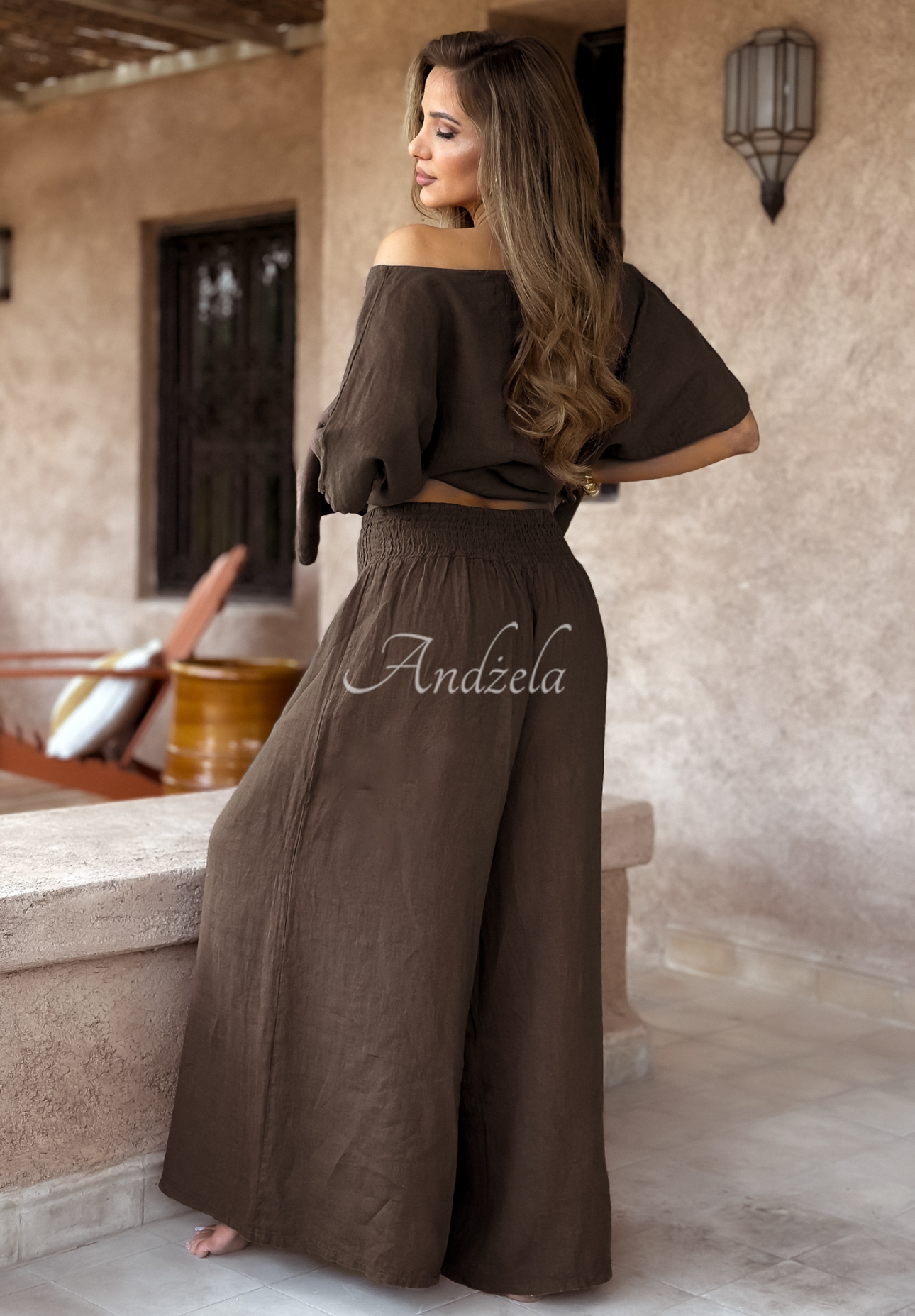 Lněná souprava halenka a kalhoty wide leg Desert Princess čokoládový