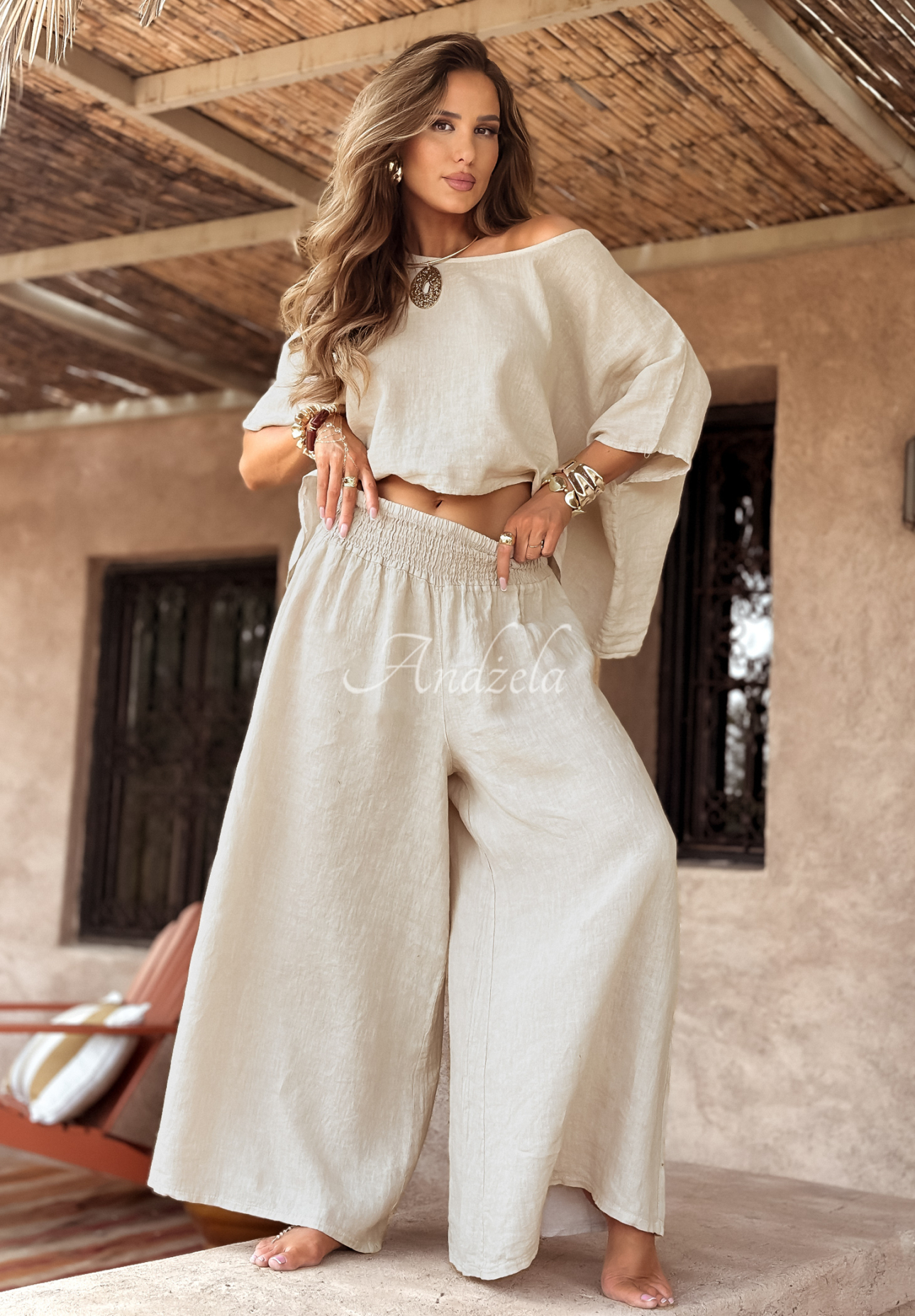 Lněná souprava halenka a kalhoty wide leg Desert Princess světle béžový