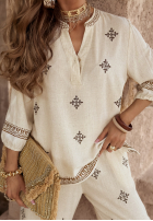 Halenka z haftami boho Worth A Visit světle béžový