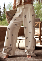 Kalhoty wide leg z haftami boho Worth A Visit světle béžové