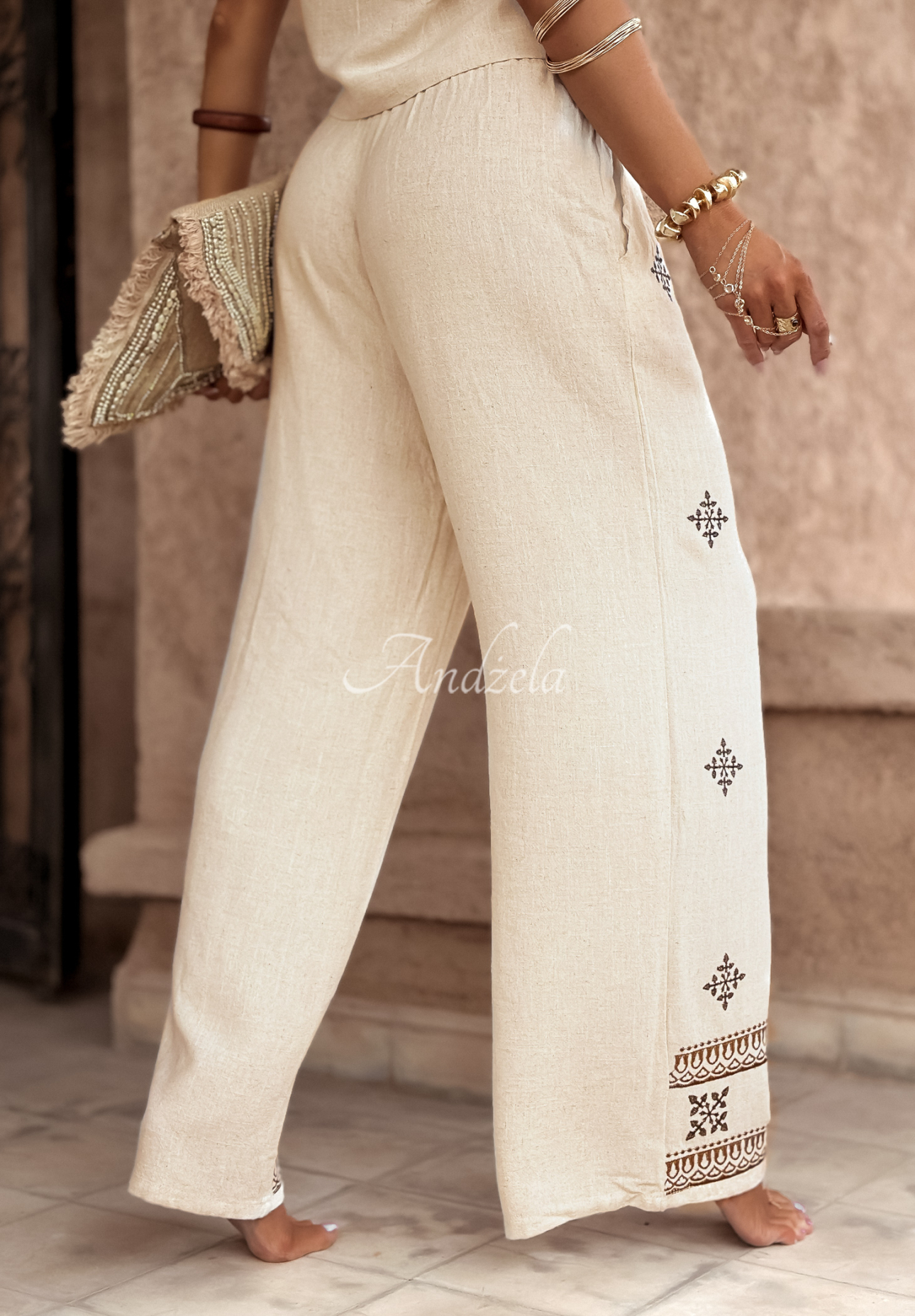 Kalhoty wide leg s výšivkami boho Worth A Visit světle béžové