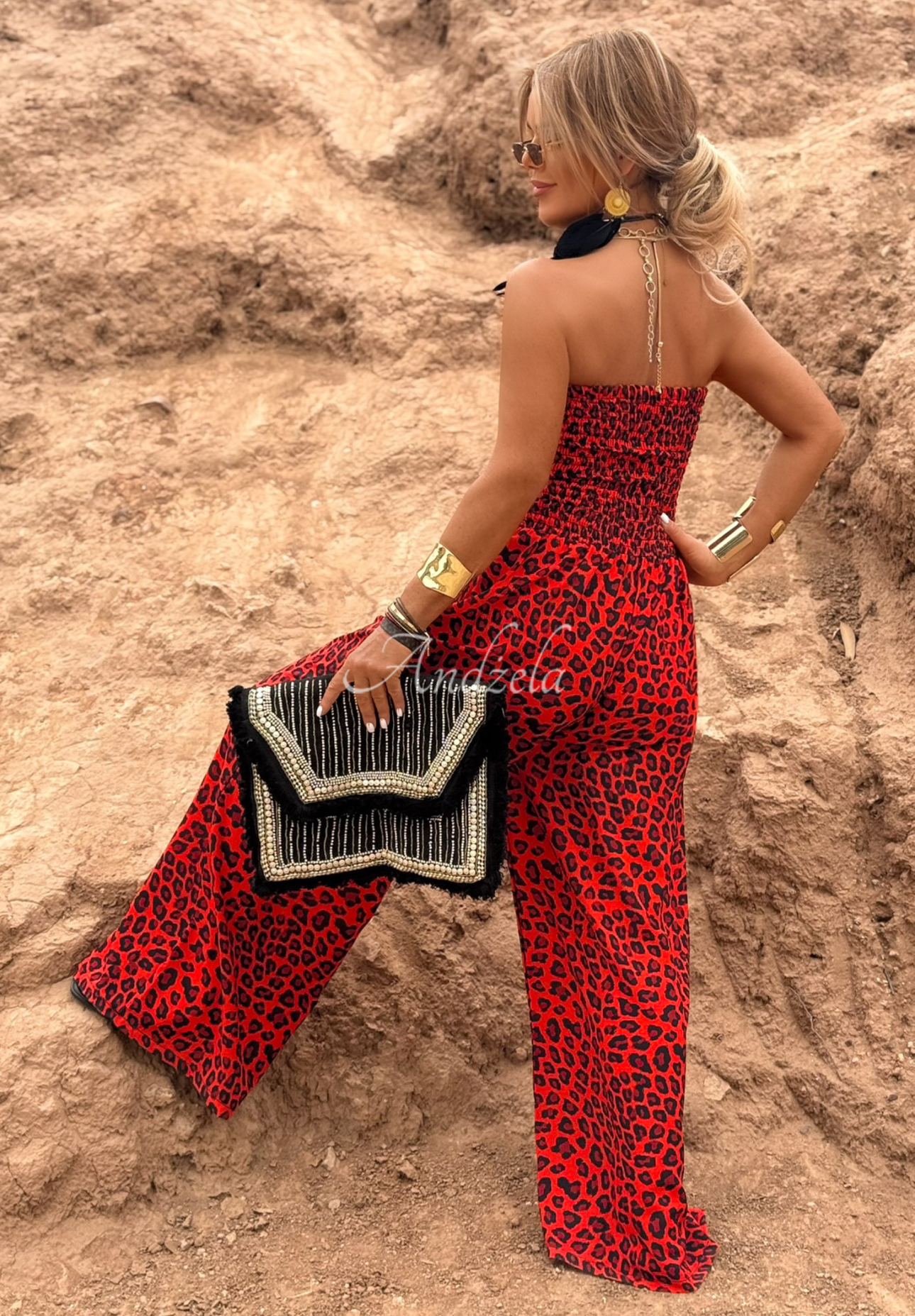 Dlouhý overal wide leg s leopardím vzorem Wild Fusion červený