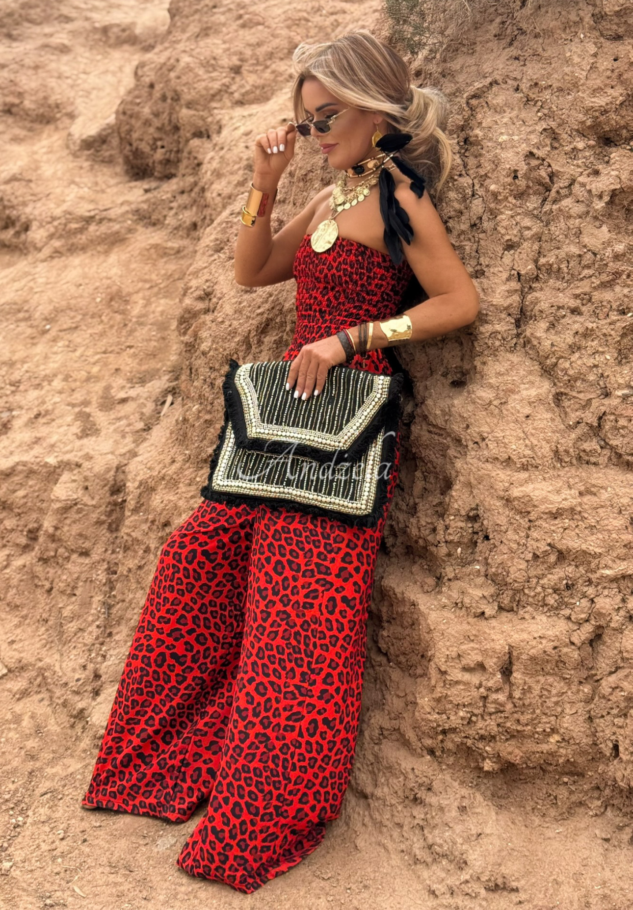Dlouhý overal wide leg s leopardím vzorem Wild Fusion červený