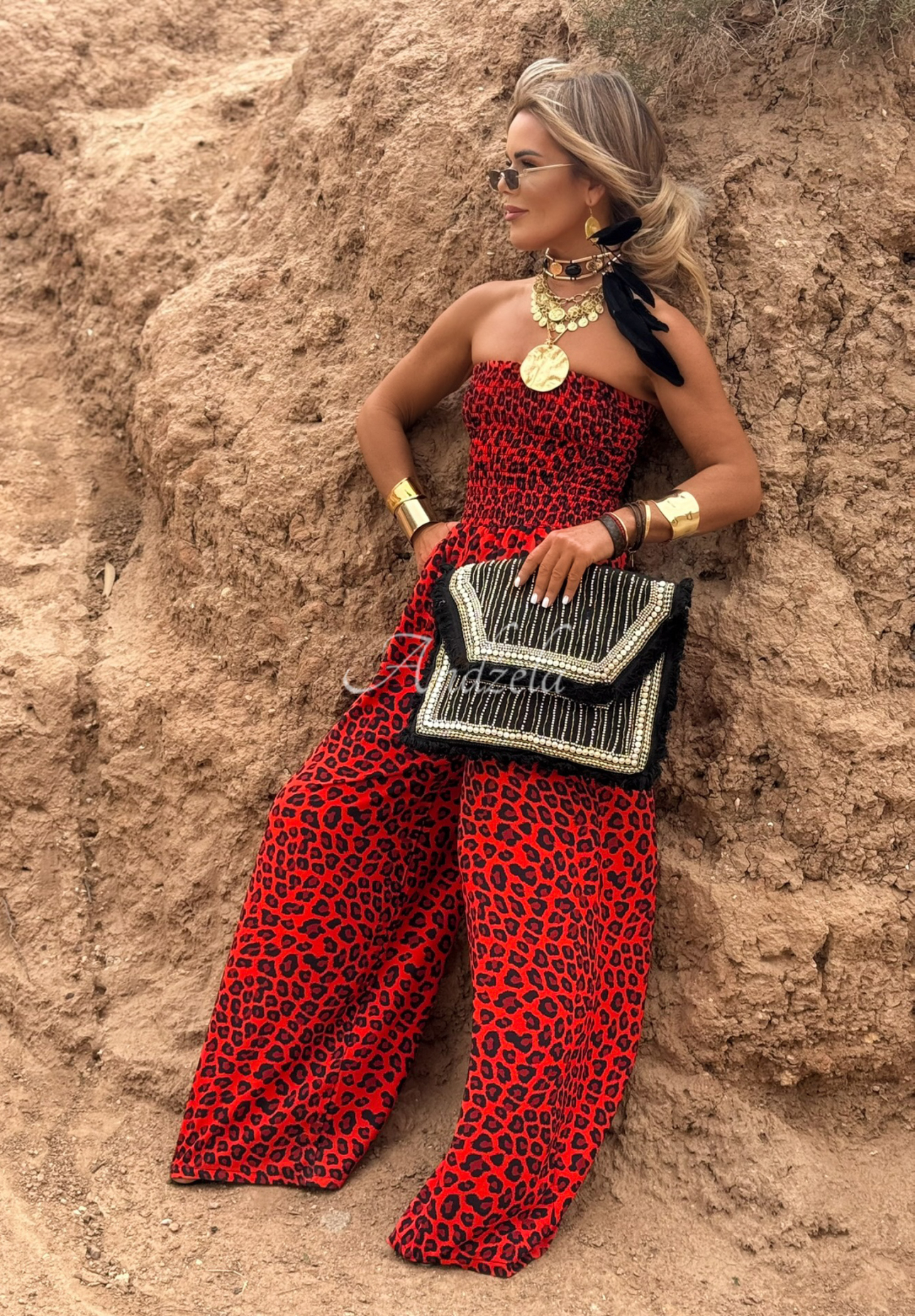 Dlouhý overal wide leg s leopardím vzorem Wild Fusion červený
