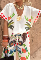 Souprava Halenka i Kalhoty wide leg vzorované Flowers & Palms světle béžový