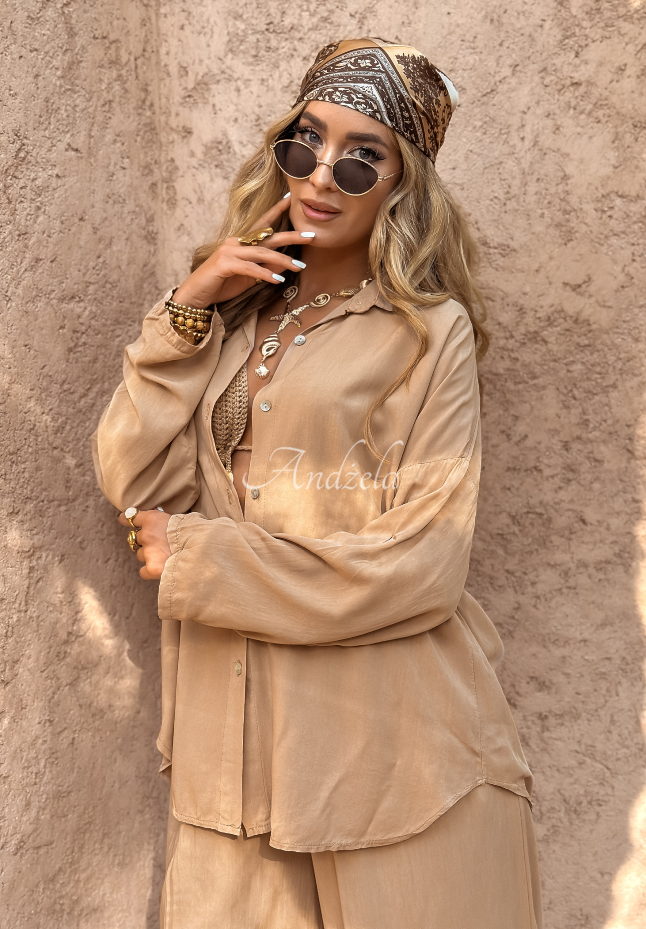 Viskózová souprava košile a kalhoty wide leg Summer Skies velbloudí