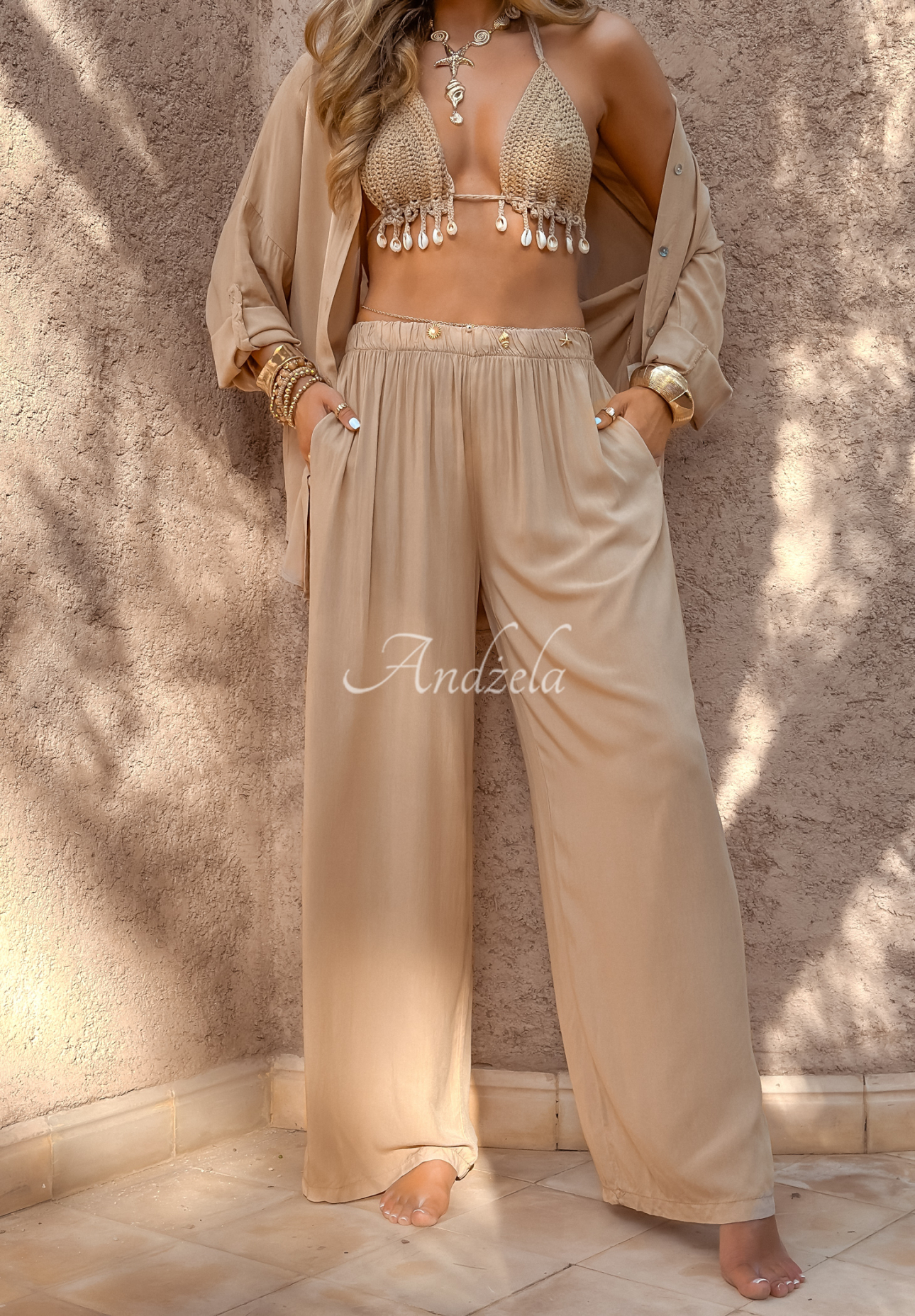 Viskózová souprava košile a kalhoty wide leg Summer Skies velbloudí
