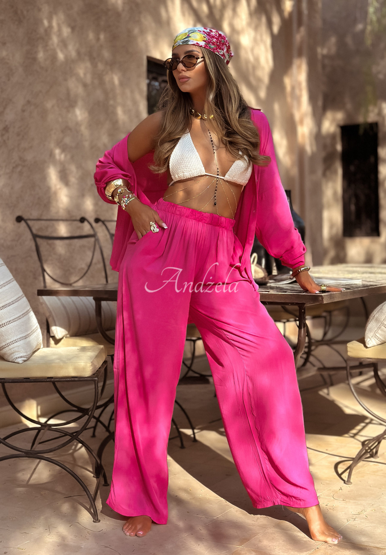 Viskózová souprava košile a kalhoty wide leg Summer Skies fuchsiový