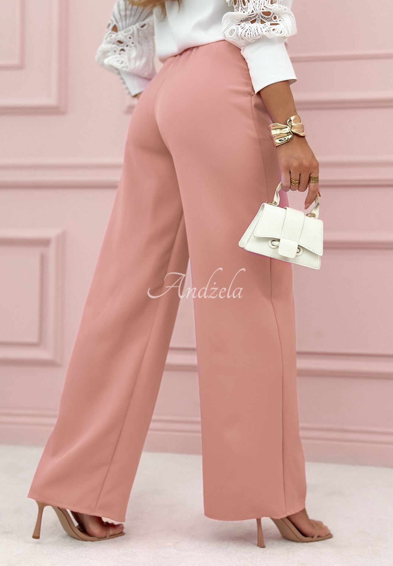 Elegantní kalhoty wide leg Glamour Flow pudrová růžová