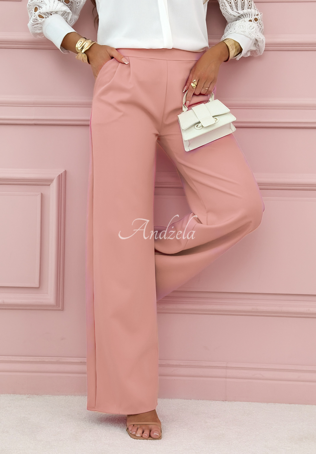 Elegantní kalhoty wide leg Glamour Flow pudrová růžová