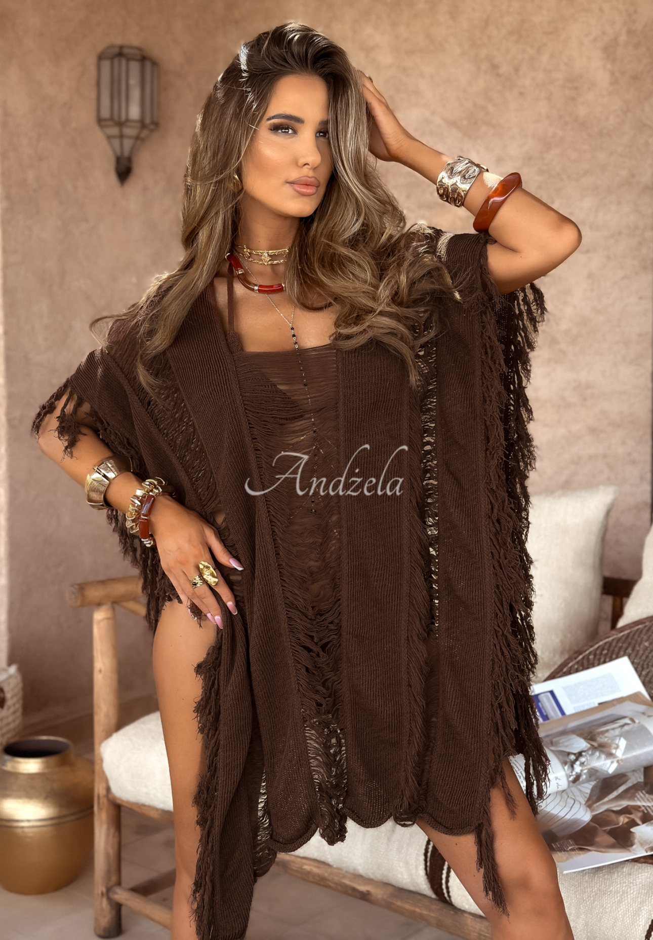 Ažurový plážový přehoz s třásněmi boho Agafay Desert čokoládová
