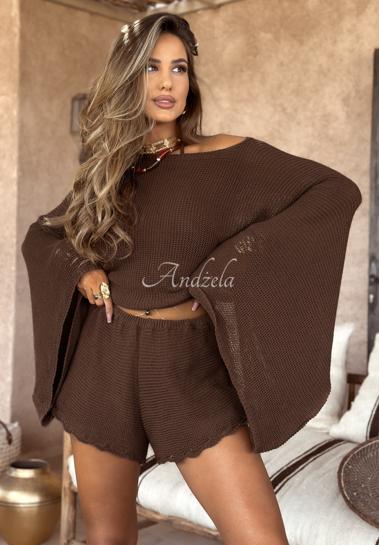 Ažurové šortky boho Agafay Desert čokoládové