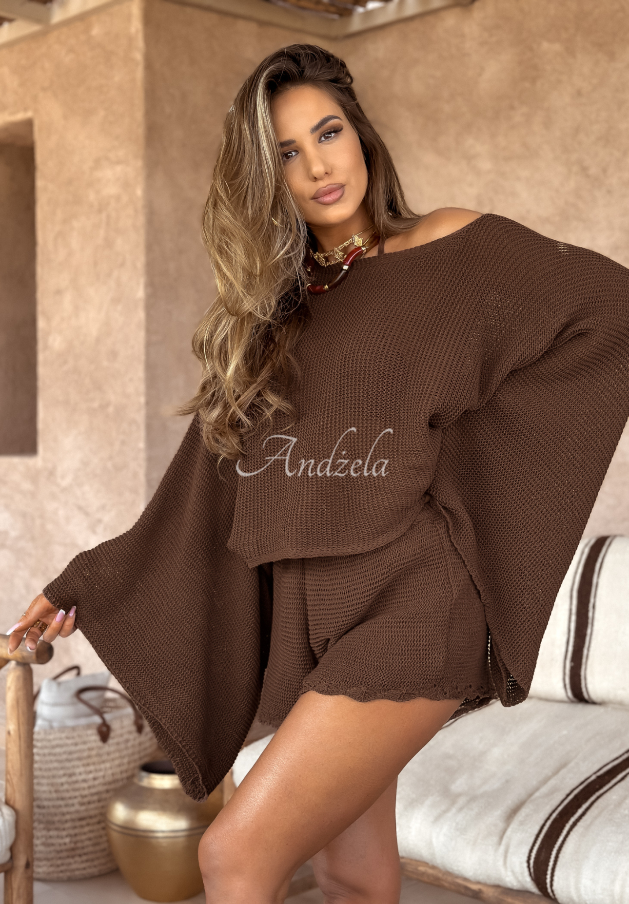 Ažurové šortky boho Agafay Desert čokoládové