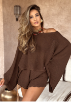 Krótki ażurowy Svetr z szerokimi rękawami boho Sunshine Perfection čokoládový
