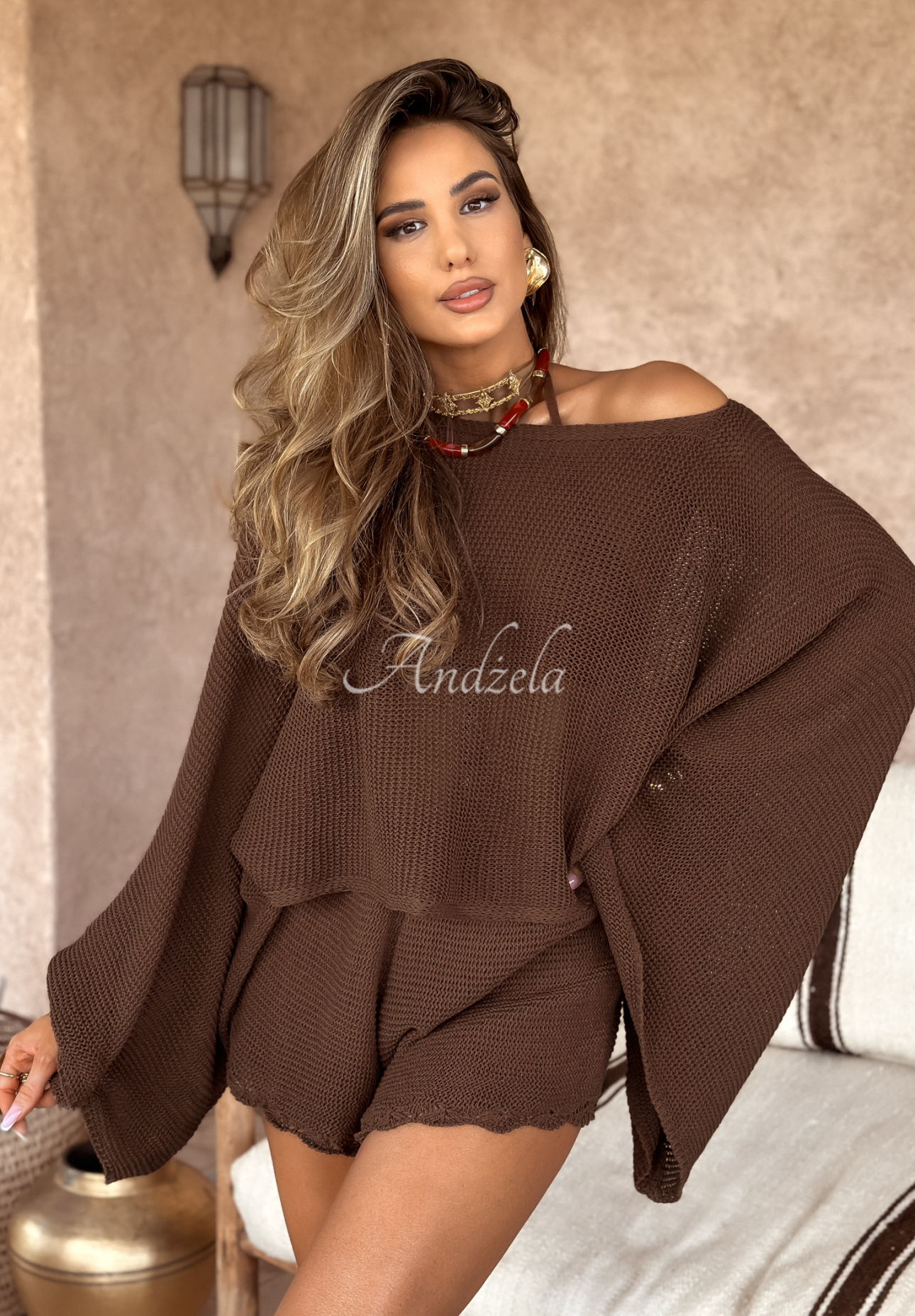 Krátký ažurový svetr se širokými rukávy boho Agafay Desert čokoládový