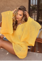 Krótki ażurowy Svetr z szerokimi rękawami boho Sunshine Perfection banánový