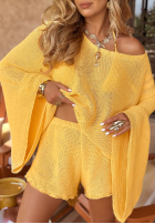 Krótki ażurowy Svetr z szerokimi rękawami boho Sunshine Perfection banánový