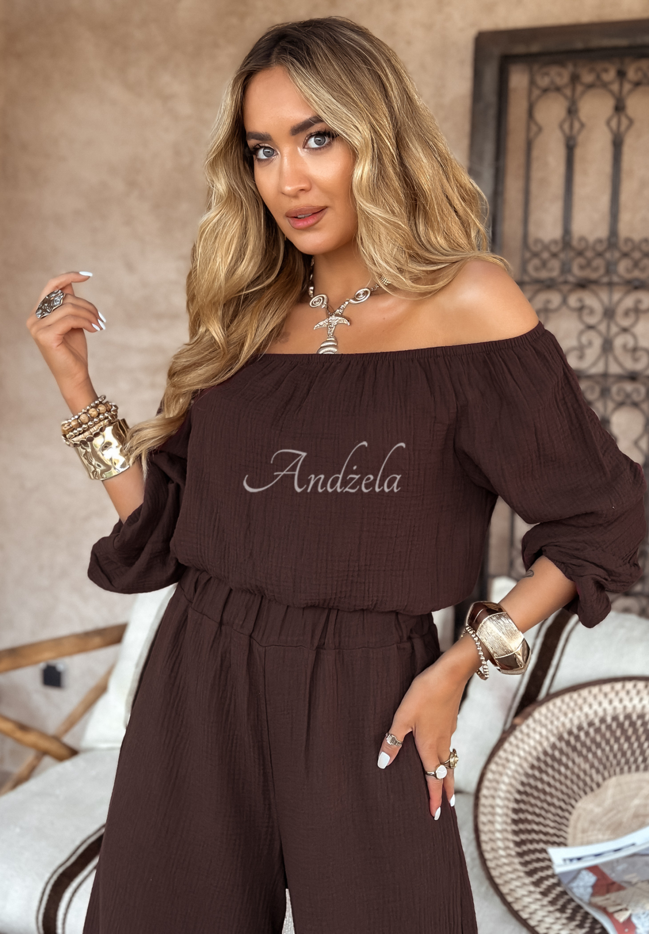 Mušelínové kalhoty wide leg Malta čokoládové