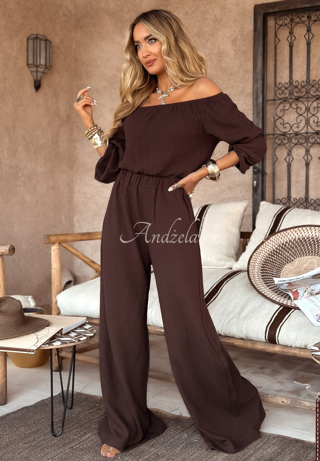 Mušelínové kalhoty wide leg Malta čokoládové