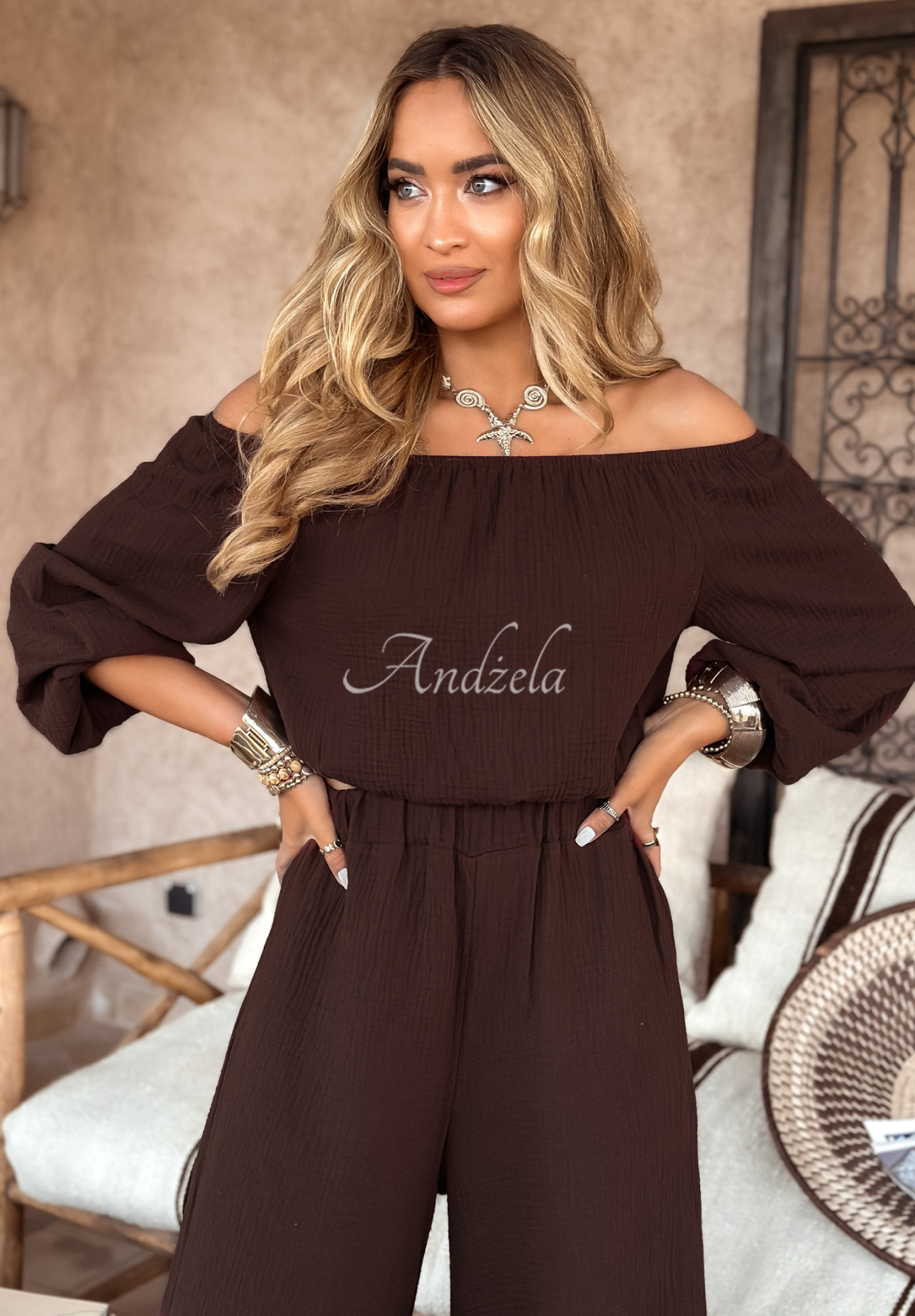 Mušelínové kalhoty wide leg Malta čokoládové