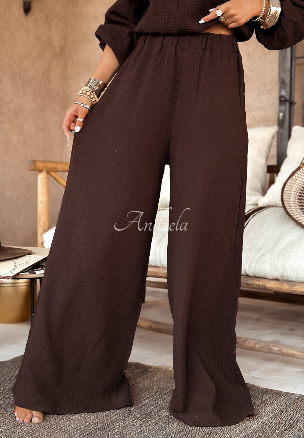 Mušelínové kalhoty wide leg Malta čokoládové
