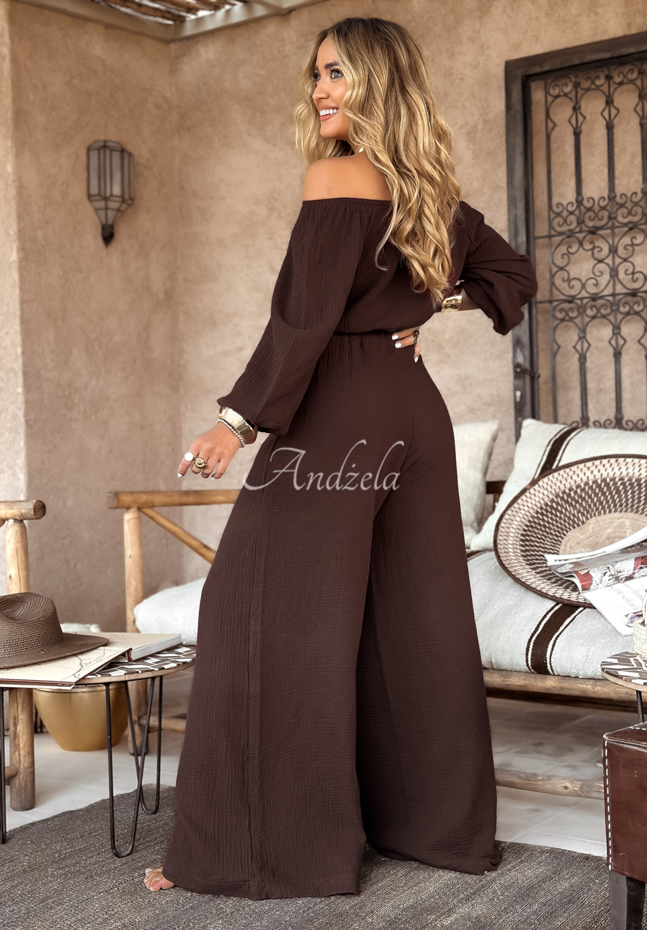 Mušelínové kalhoty wide leg Malta čokoládové