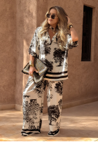 Vzorovaný Souprava Halenka i Kalhoty wide leg Exotic Retreat biało-Černé