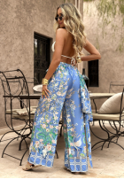 Satynowe Kalhoty wide leg vzorované Egzotic Mosaic modré