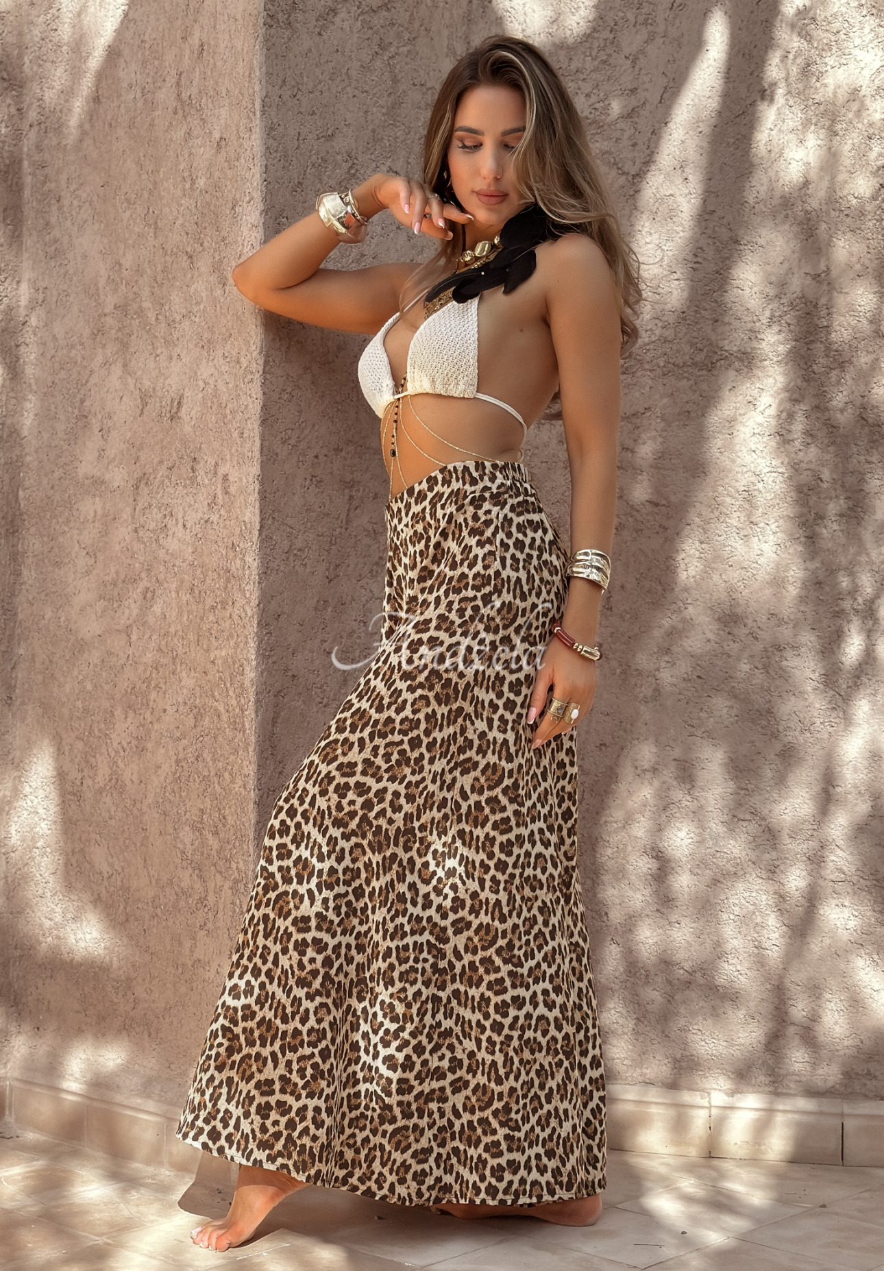 Látkové kalhoty wide leg s leopardím vzorem Place For You béžové