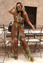 Kalhoty wide leg vzorované Jungle Escape čokoládové