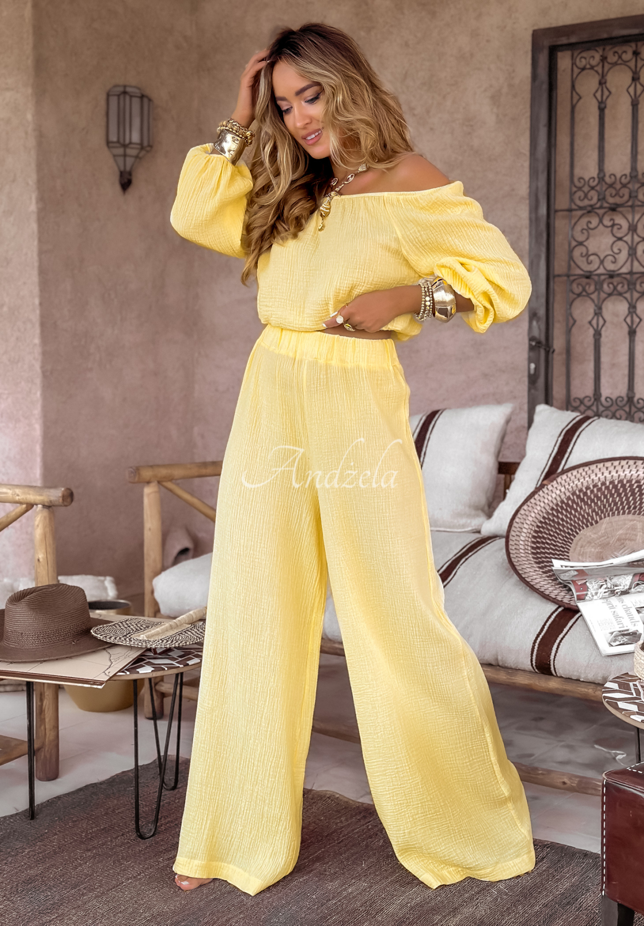 Mušelínové kalhoty wide leg Malta banánové