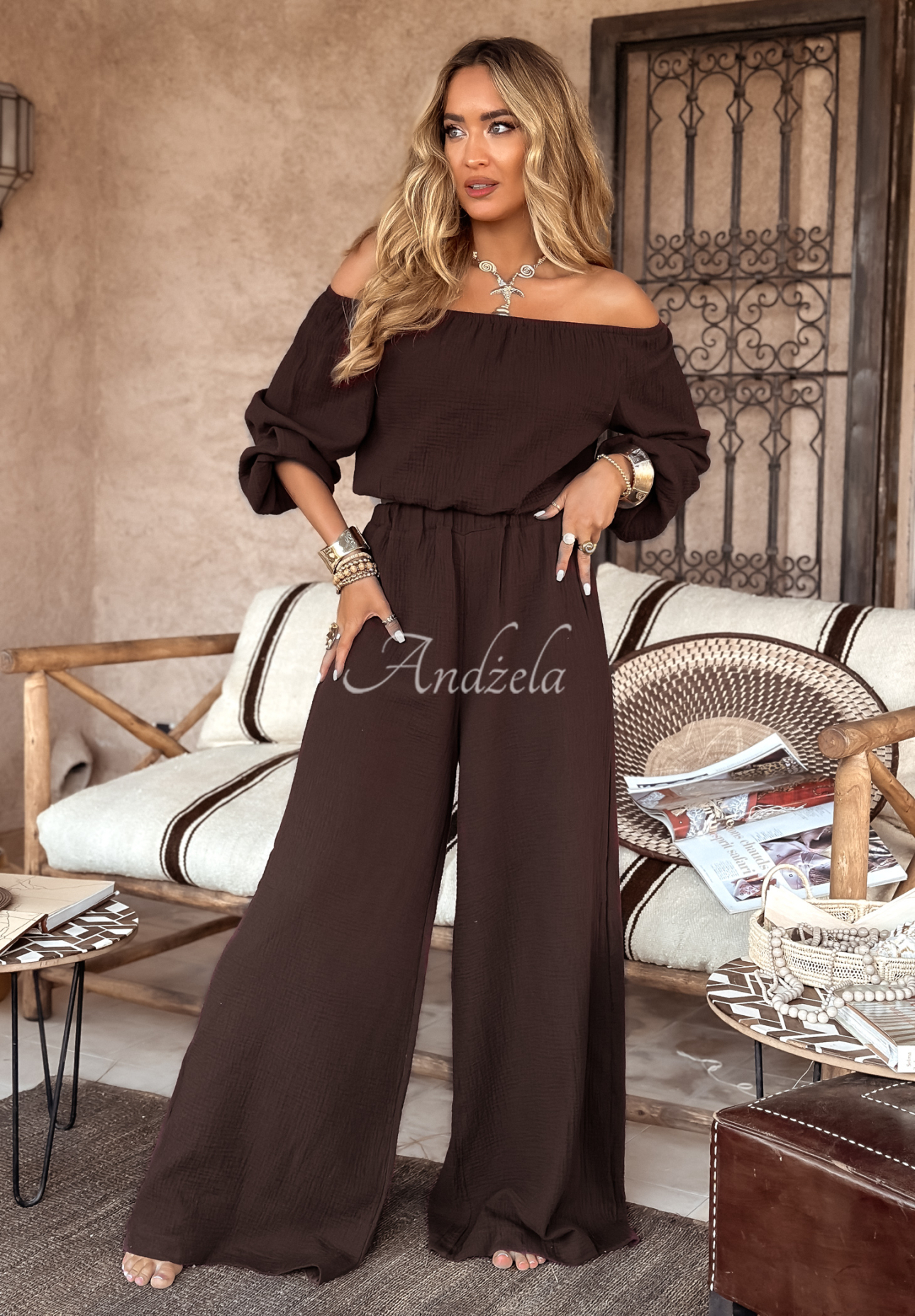 Mušelínové kalhoty wide leg Malta čokoládové