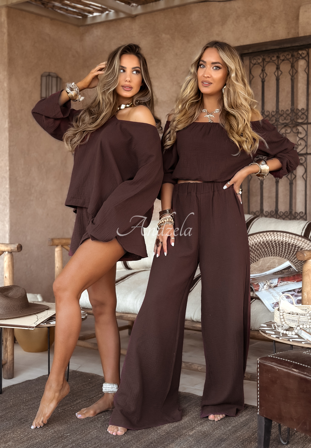 Mušelínové kalhoty wide leg Malta čokoládové