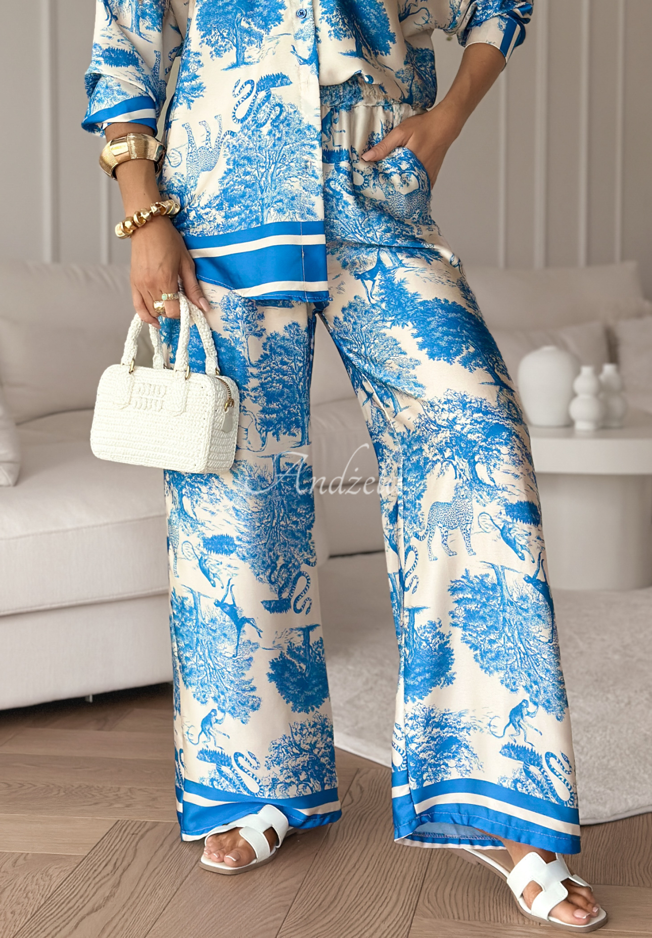 Saténové kalhoty wide leg se vzorem Girls Gone Wild modré