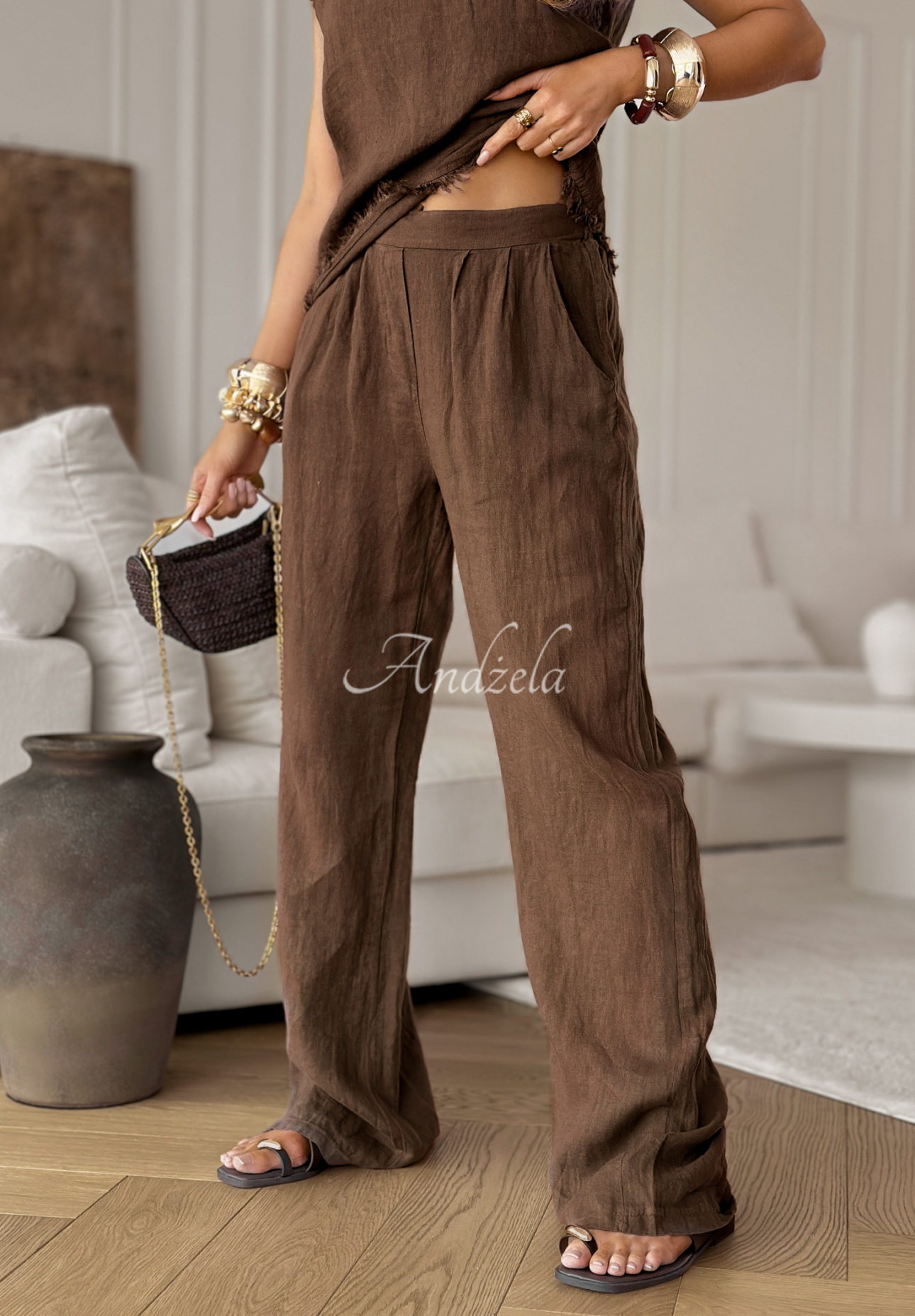 Lněné kalhoty wide leg Desert Princess čokoládové