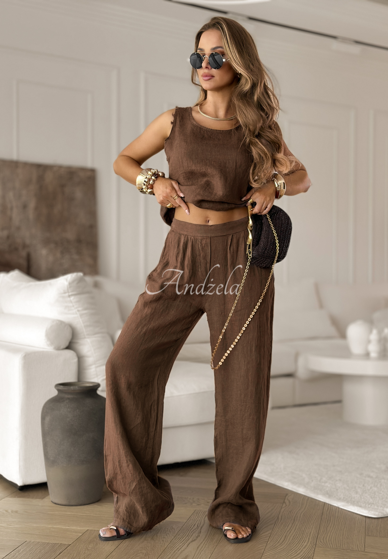 Lněné kalhoty wide leg Desert Princess čokoládové