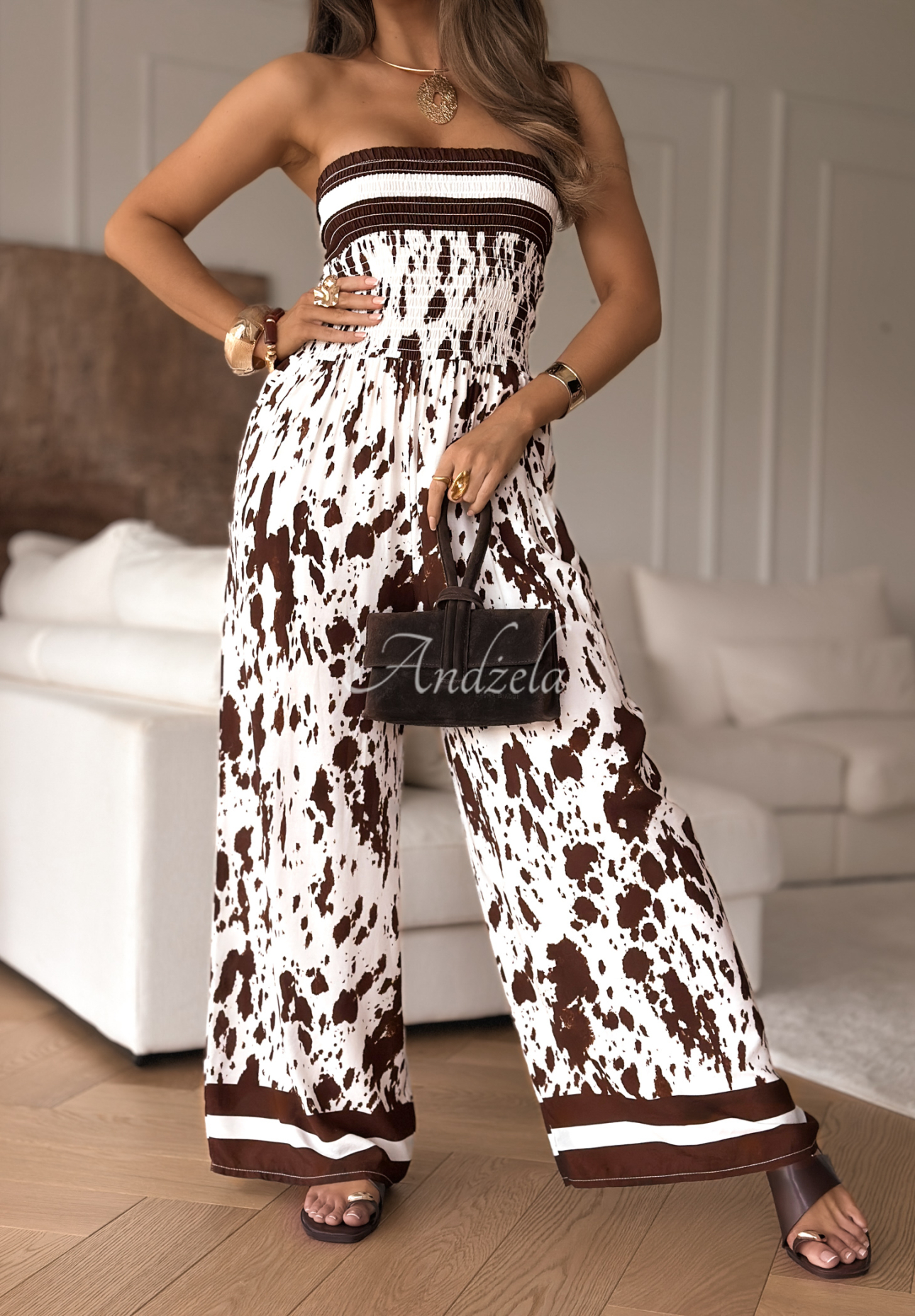 Dlouhý viskózový overal wide leg se zvířecím vzorem Wild Fusion bílo-čokoládový