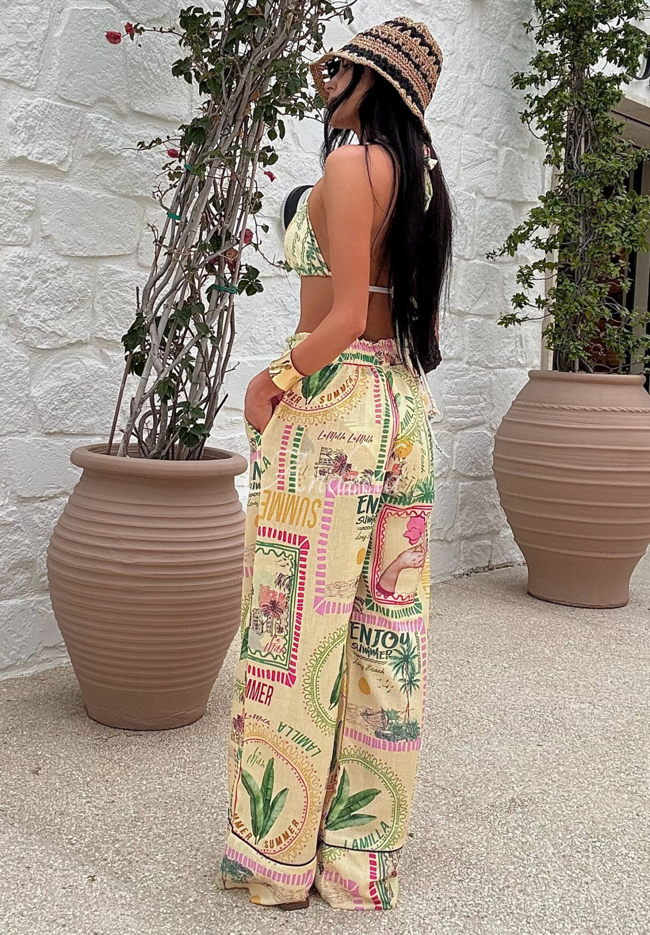 Lněné kalhoty wide leg se vzory La Milla Sunbathing Today banánové