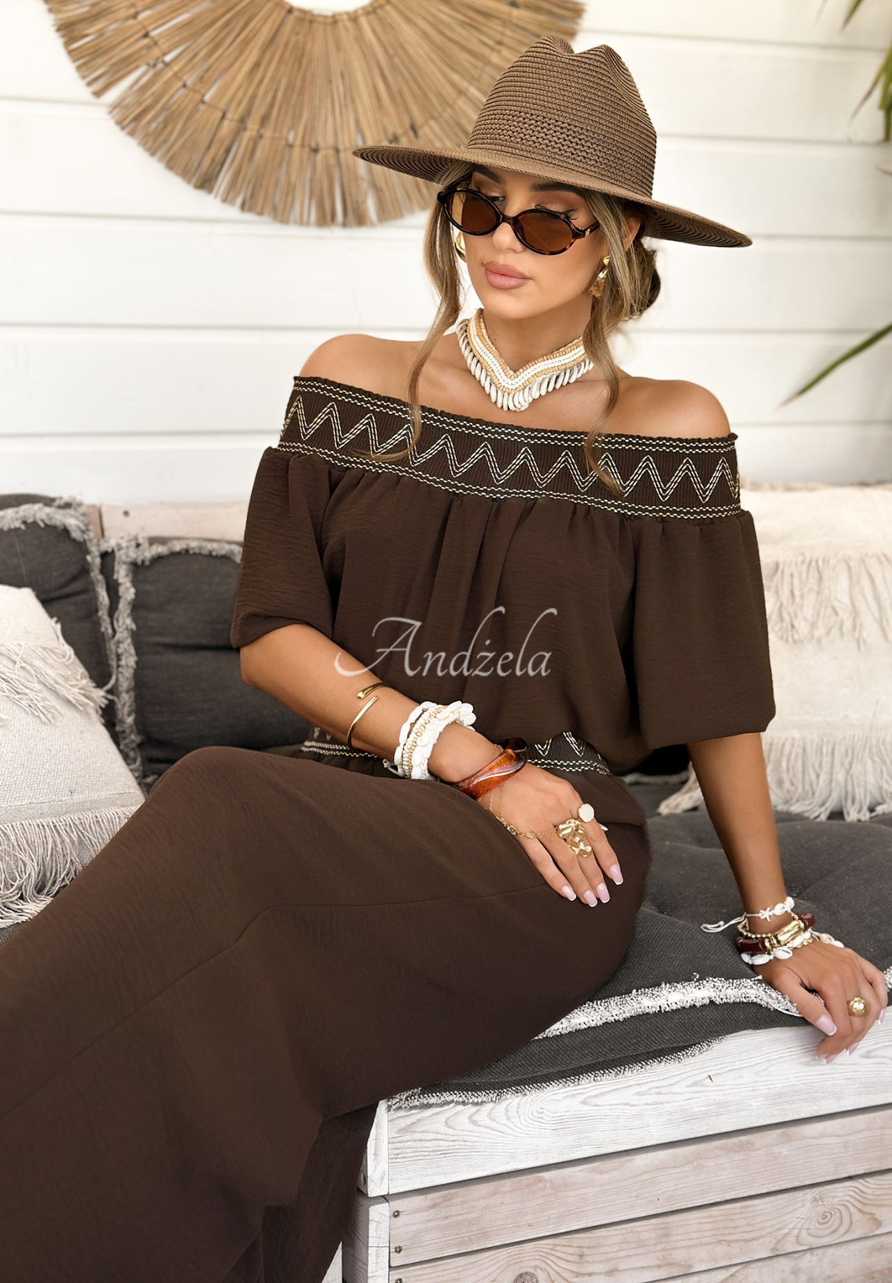 Vyšívaná souprava halenka a kalhoty wide leg Summer Life čokoládový
