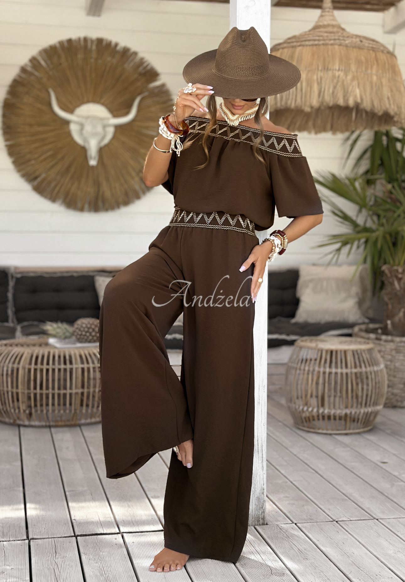 Vyšívaná souprava halenka a kalhoty wide leg Summer Life čokoládový
