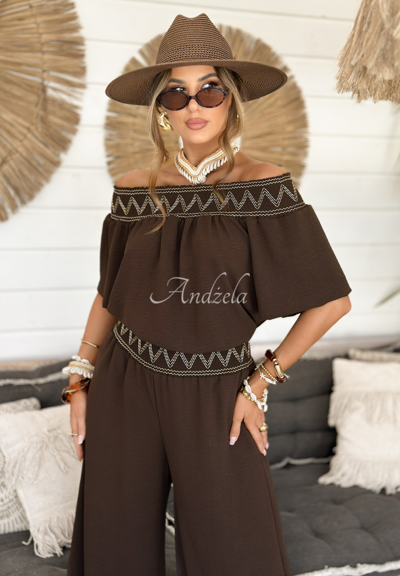 Vyšívaná souprava halenka a kalhoty wide leg Summer Life čokoládový