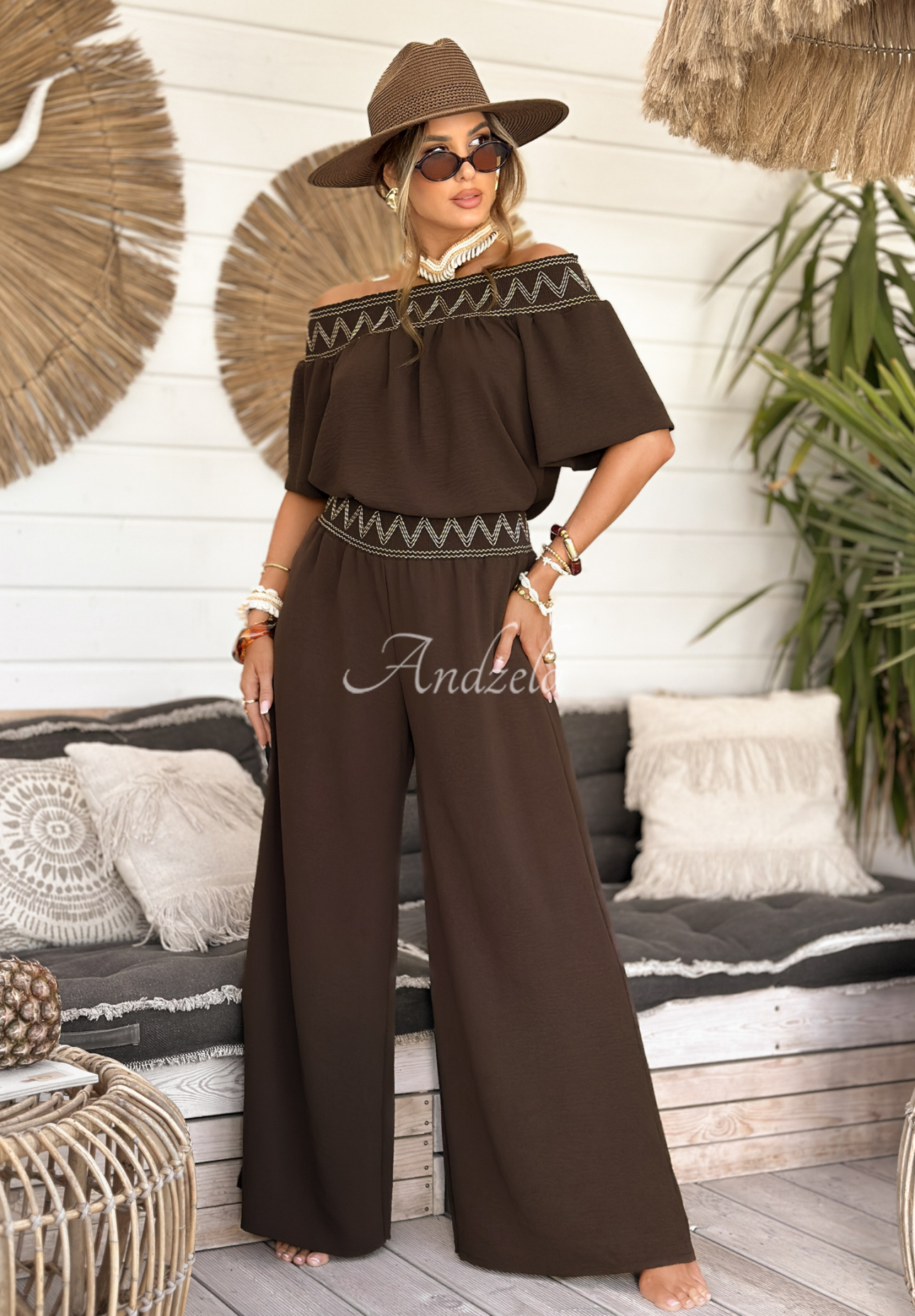 Vyšívaná souprava halenka a kalhoty wide leg Summer Life čokoládový