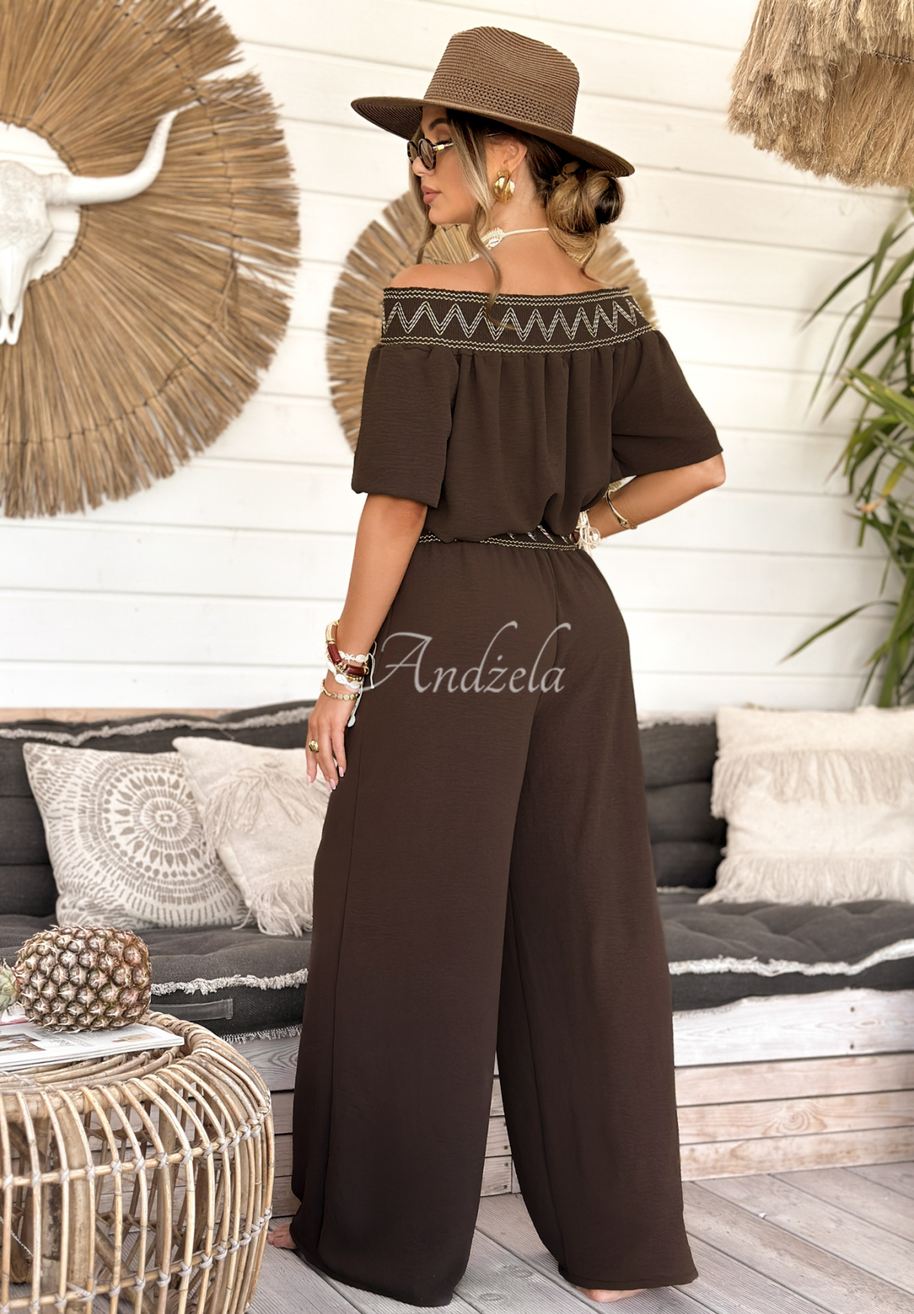 Vyšívaná souprava halenka a kalhoty wide leg Summer Life čokoládový