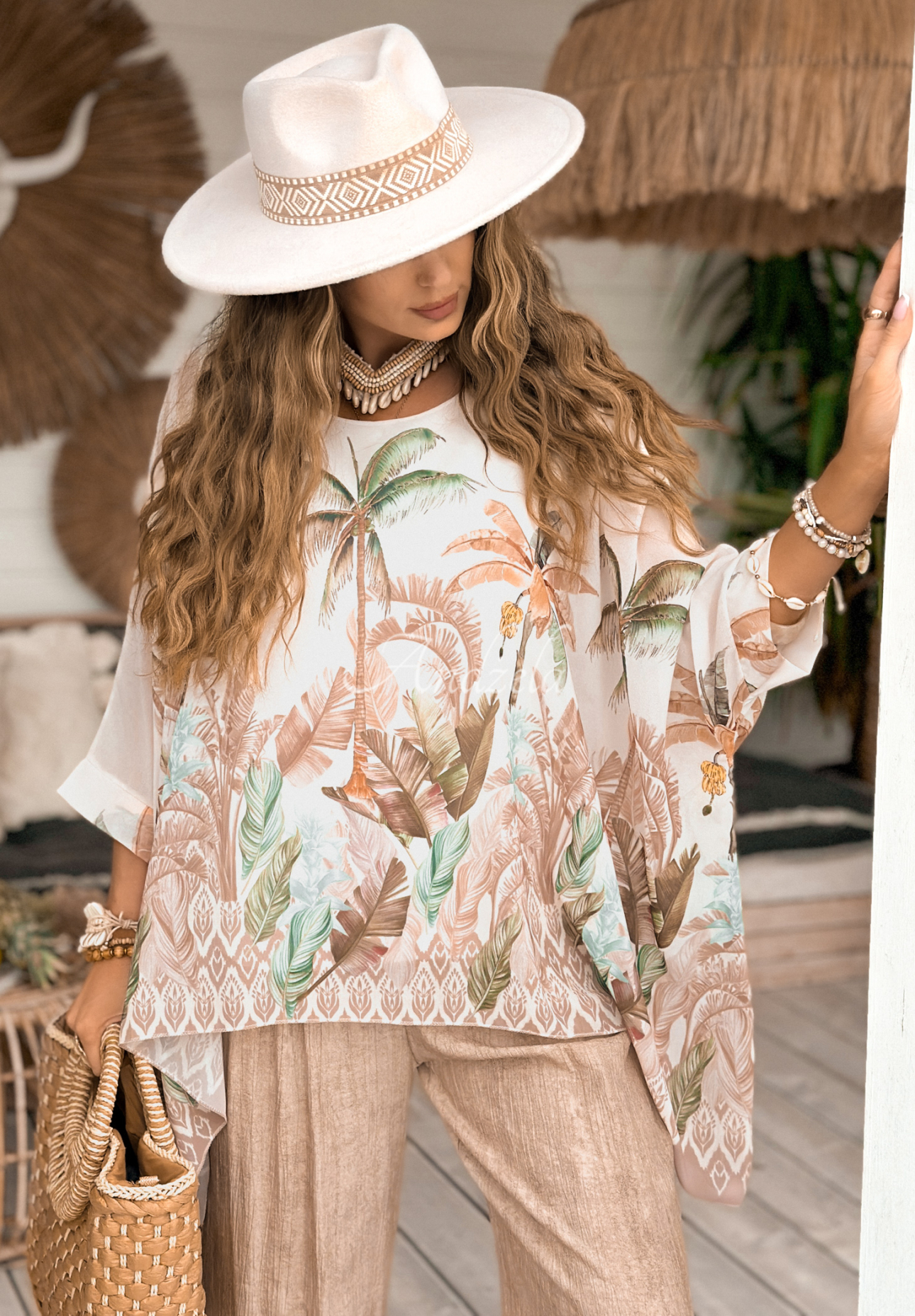 Oversize halenka se vzory A Lot Of Palms ecru